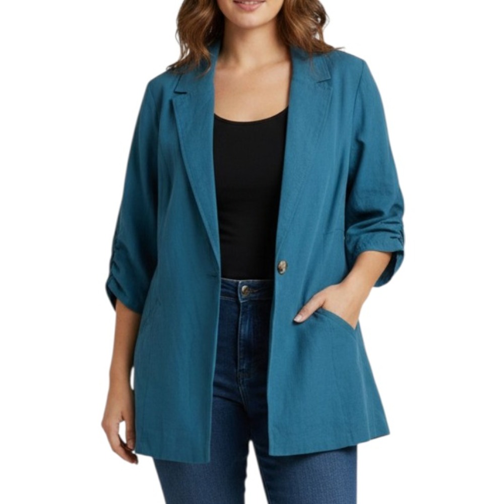 TORRID Studio Linen Blazer Jacket LYOCELL(TENCEL) LINEN BLEND Teal Blue 0/12/L